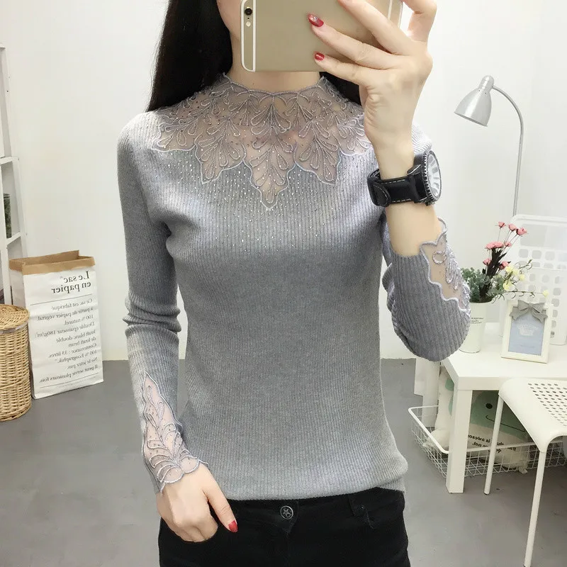 Autumn Winter Fashion Women Lace Sweater Elegant Female Half Turtleneck Slim Long Sleeve Knitted Pullovers Tight Sweater