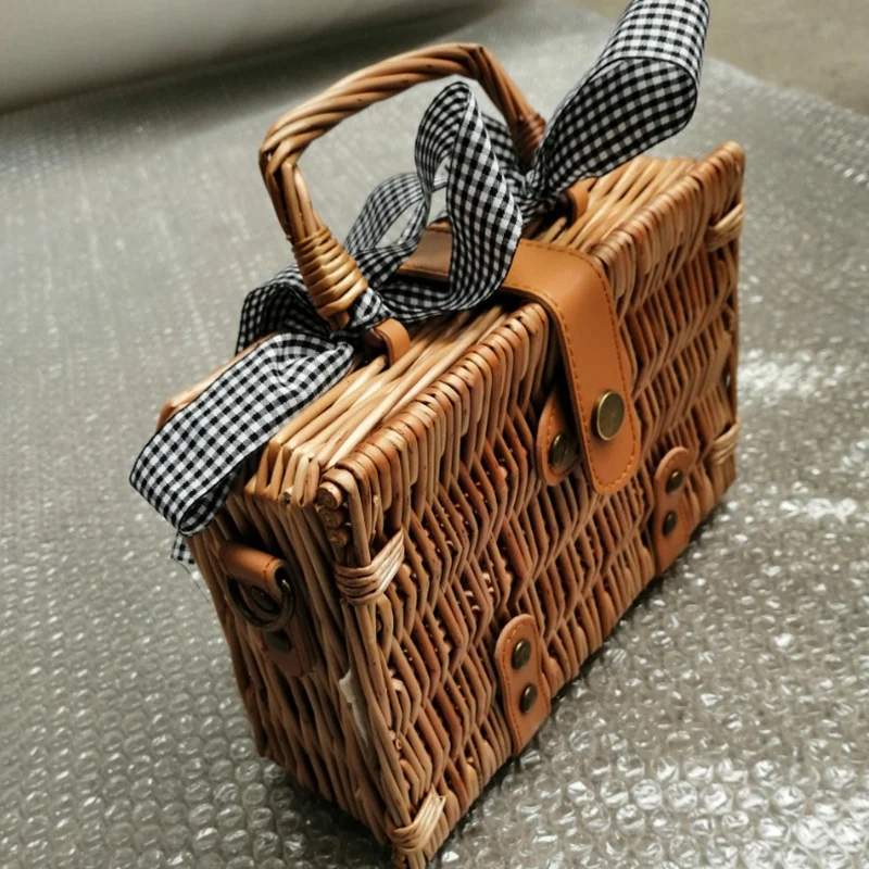 

ABDB-Summer Bali Hand-Woven Wicker Bag Embroidered Shoulder Messenger Bag Beach Wicker Bag Bohemian Knit Round Square Handbag