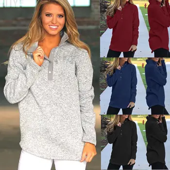 

Winter Warm Women Button Neck Pullover Sweatshirts Long Sleeve Flannel Sweatshirt Tops Autumn Casual Female Clothes