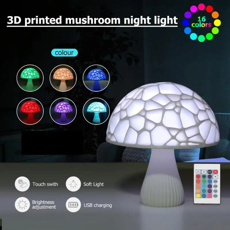 

16 Colors 3D Print Mushroom LED Lamp Touch Switch Remote Control Bedroom Night Light Creative Gift Dropshipping