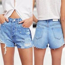 Летние уличные джинсовые шорты женские Новинка года Свободные Повседневное высокое отверстие для женщин Жемчуг ногтей бусины ковбой