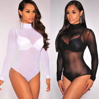 

Women Hot Bandage Leotard Jumpsuit Bodycon Long Sleeve Polyester Mesh Thin Transparent Rompers Bodysuit Club Top