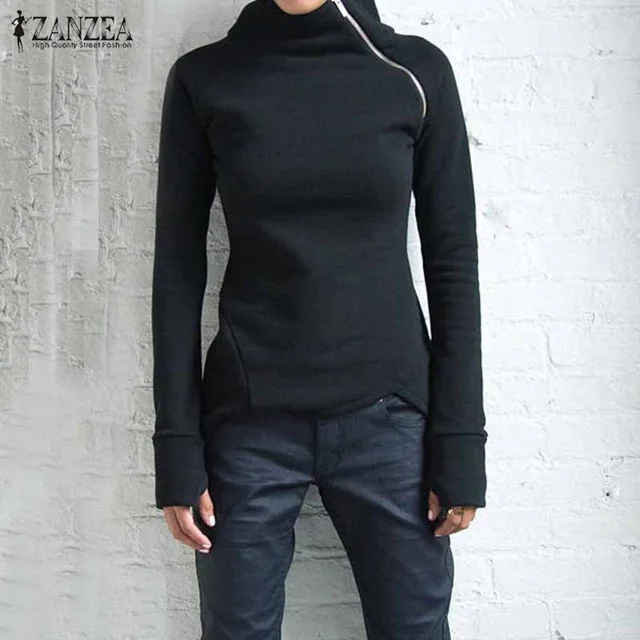

ZANZEA Women Hoodies Sweatshirts 2019 Autumn Winter High Neck Long Sleeve Zippers Slim Fitted Blusas Pullovers Plus Size Tops