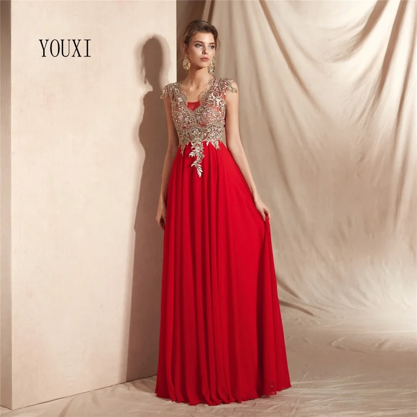 

Elegant Red Evening Dresses 2019 New Arrivals Chiffon Lace Robe De Soiree longue Formal Dress abiye gece elbisesi