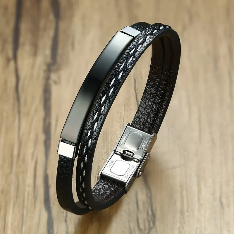 

Handmade Leather Bracelet Double Chain Link Black Color Wrap Wrist Unisex Gifts Dropshipping