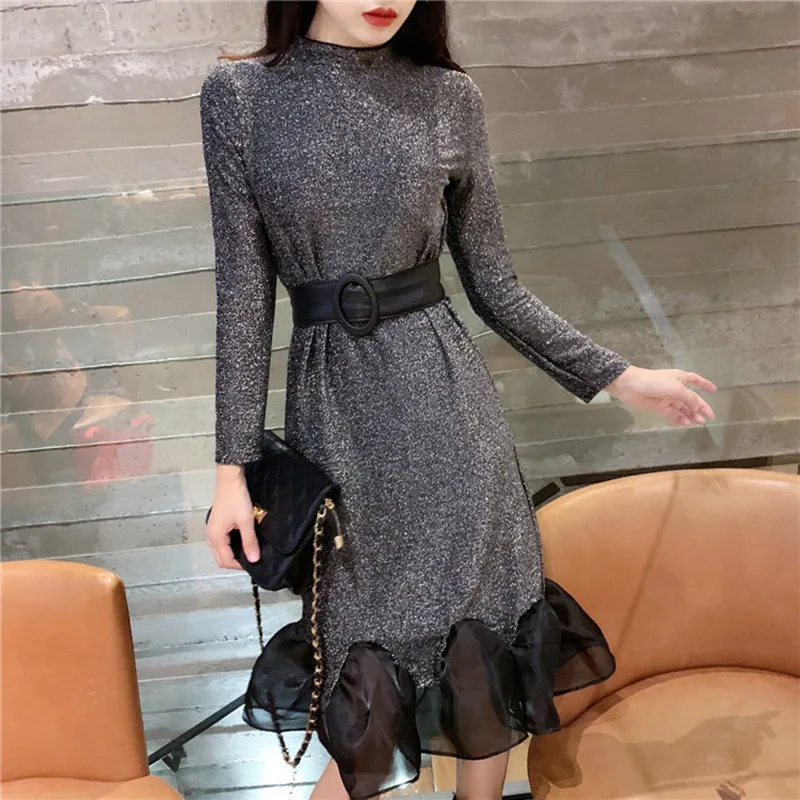 

Black Lace Autumn Women Dress Slim Lovely Sexy Elegant Spring Party Dress For Female Sashes O Neck Long Sleeve Ladies Dresses