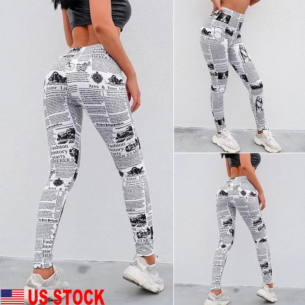 

Women Sport Pants High Waist Yoga Fitness Legging Running Gym Stretch Trouser Newspaper Print Yoga Pants