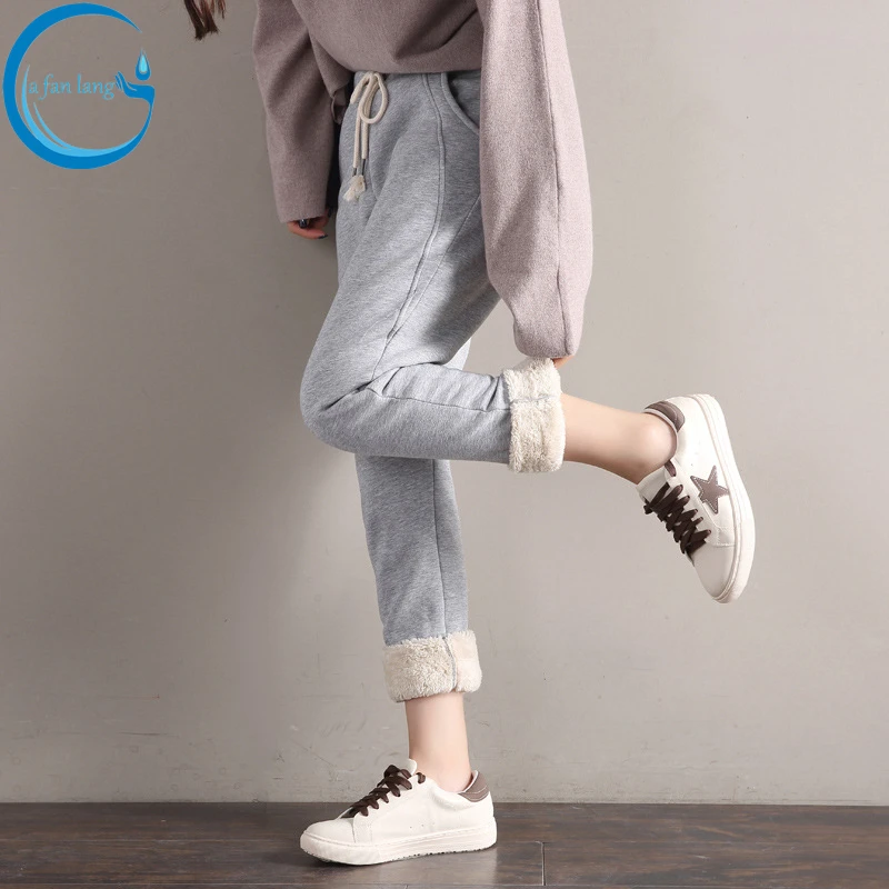 A FAN LANG Women Winter Lambskin Cashmere Heat Casual Pants Sweat Pants