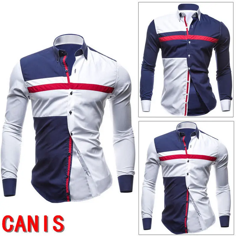 

2019 New Men's Luxury Casual Slim Fit Long Sleeve Casual Dress Shirts Men's Formal Contrast Patchwork Shirt Hot
