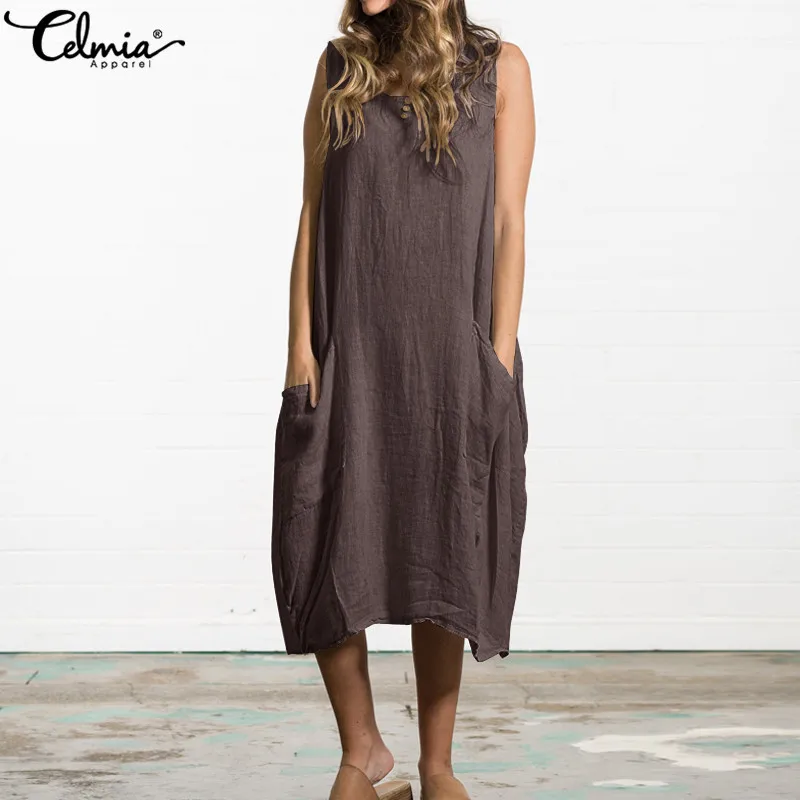 

Celmia Plus Size Retro Ruffle Dress Summer Beach Women Midi Dress Casual Loose Pockets Tunic Shirts Sundress Vestidos Mujer 2019