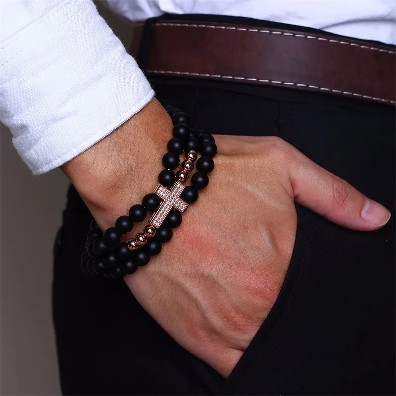 

Men Wrap-Around Rose Golden Micro Pave CZ Cross Bracelet Stack with Black Carnelian Beads Brazalete