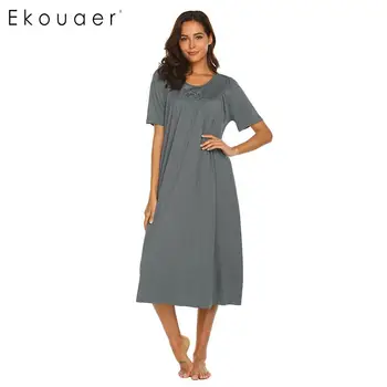 

Ekouaer Women Sleepshirts Nightgown Floral Embroidery Nightdress Short Sleeve Round Neck Sleepwear Laides Comfortable Home Cloth