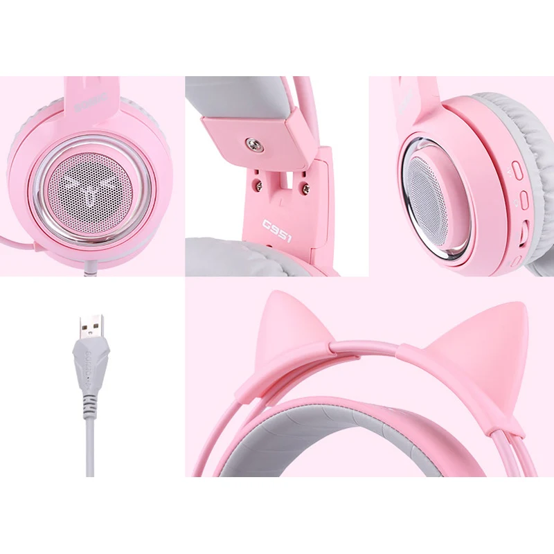 SOMIC G951 розовые наушники с кошачьими ушками виртуальная 7 1 шумоподавление игровые