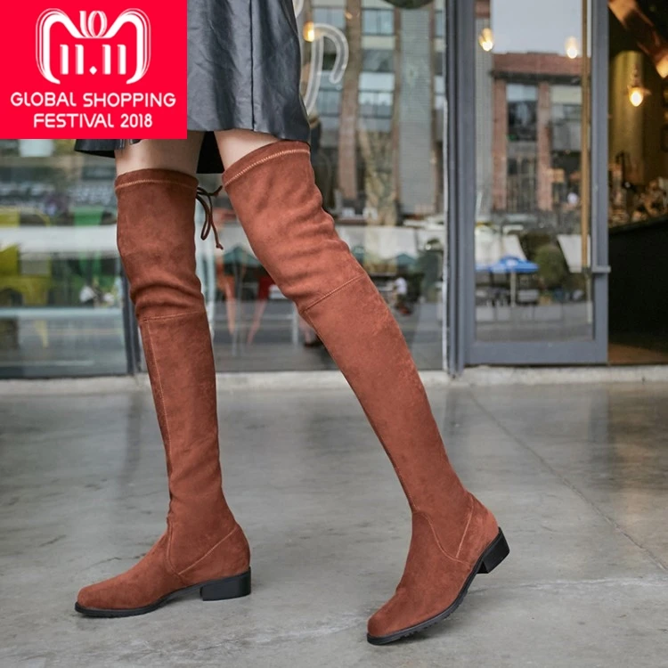 

{Zorssar} fashion Woman High Boots Flock Leather Square low heel over the knee boots women snow boots Winter shoes Size 33-42