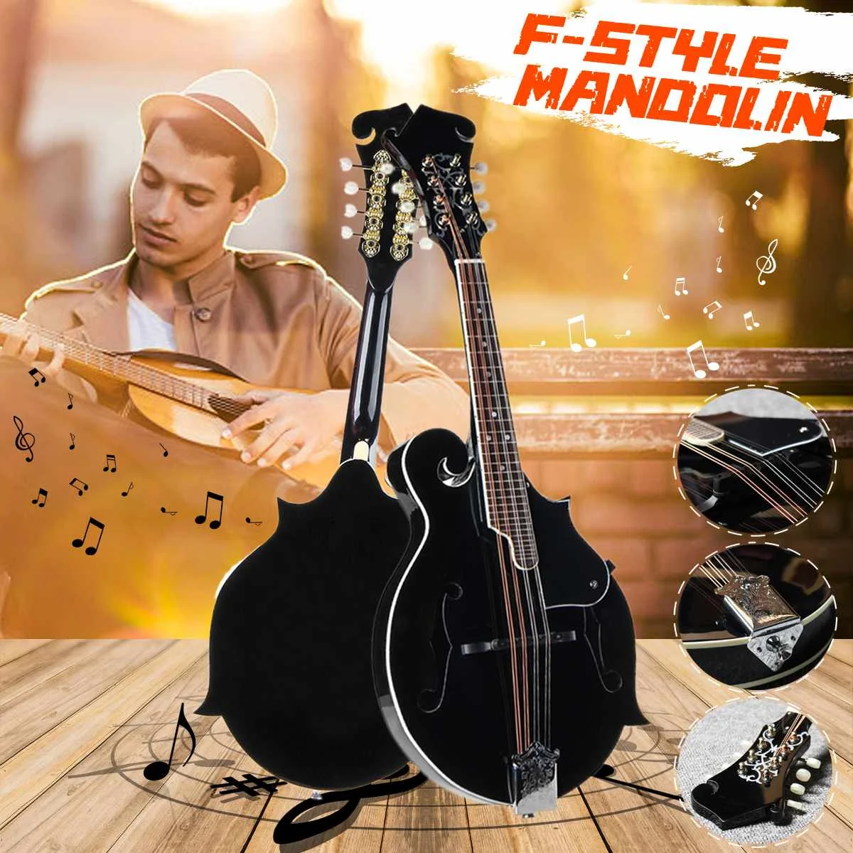 

F Style 8 Strings Black Mandolin With Rosewood Steel String Adjustable Bridge Music Instrument With Bag And 2 Picks