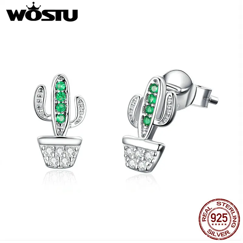 WOSTU подлинное серебро 925 пробы модные кактус серьги с прозрачным CZ женские