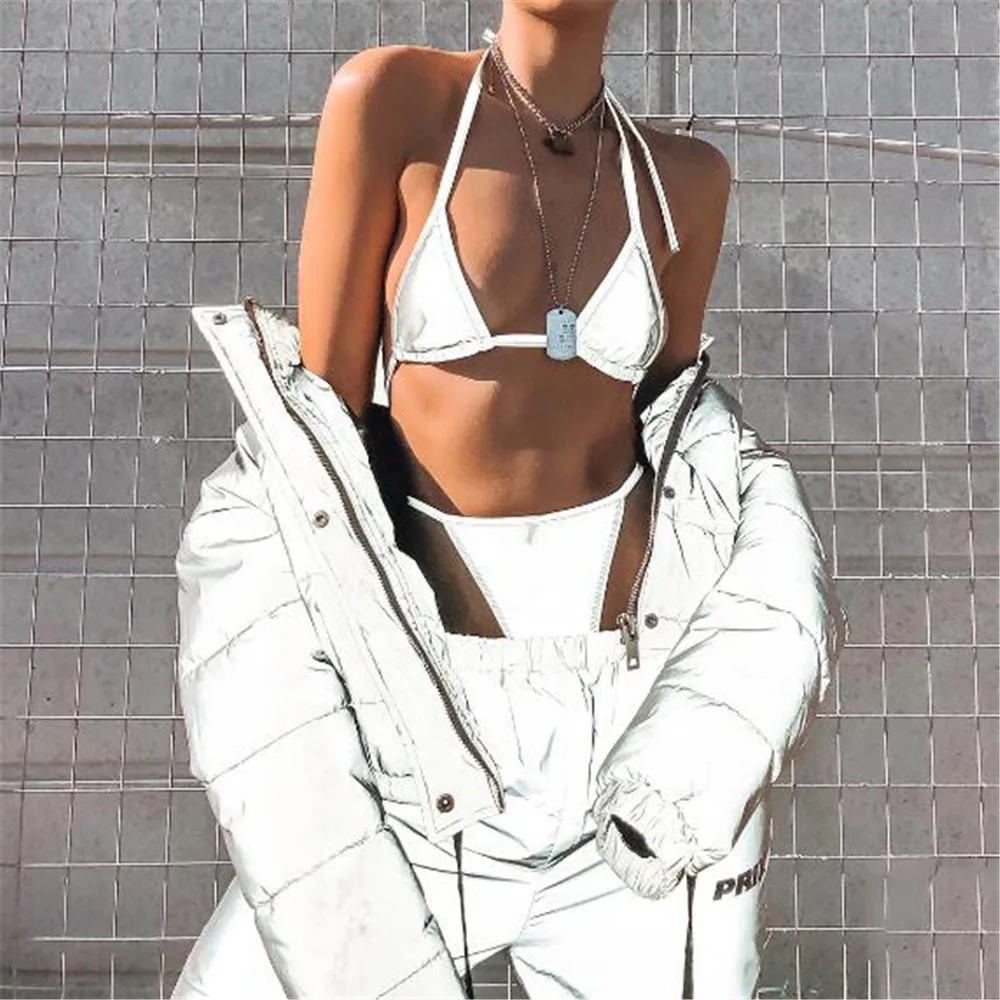 Best  Women Cotton Cropped Bomber Glowing Jacket Fashion Silver Gray Reflection Coat Ins Street Style Win
