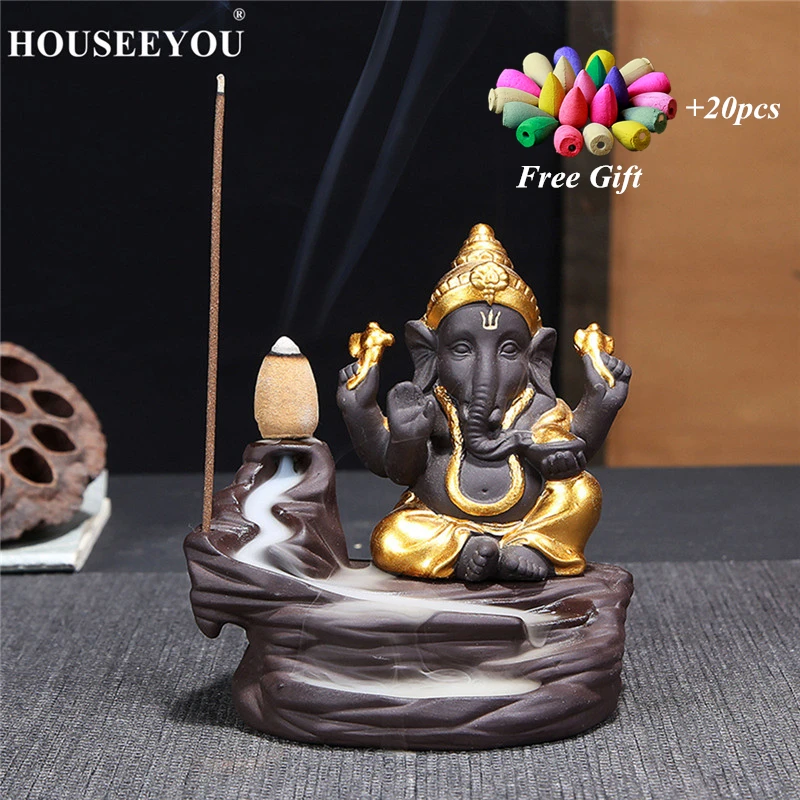 

20pcs Incense Cones + Ganesha Backflow Incense Burner Elephant God Emblem Auspicious and Success Ceramic Cone Censer Home Decor