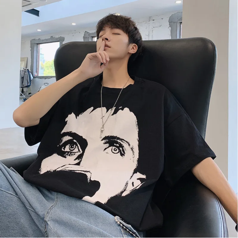 

Men's T shirt 2019 summer new slim figure print T shirt loose solid color casual five-point sleeve personality youth men's wear