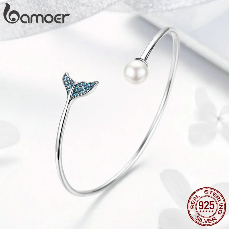 Cena BAMOER gorąca sprzedaż 925 Sterling Silver Mermaid s Tail otwórz mankiet kobiety bransoletki i Bangles elegancka biżuteria srebrna SCB123
