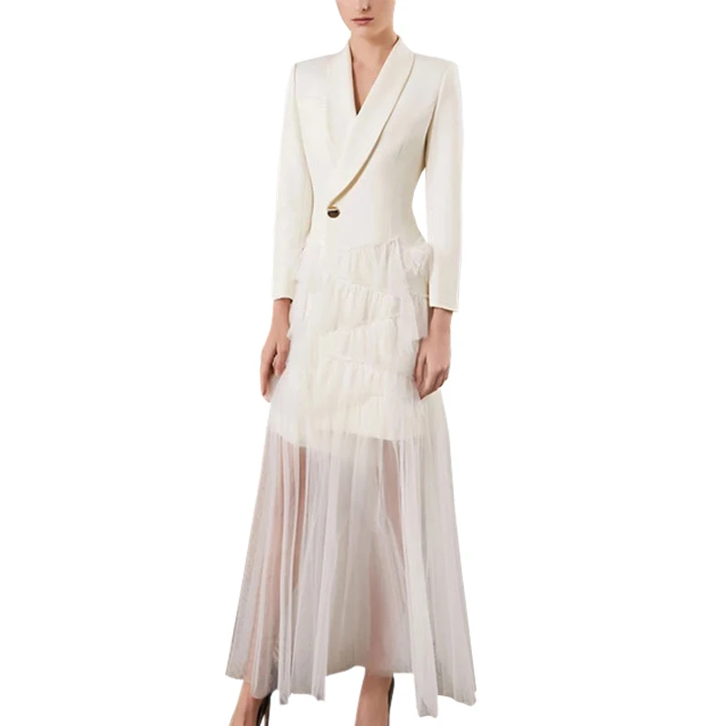 

fashion women 2019 dresses black/white sheer mesh patchwork notched collar single button long sleeve a-line bohemian long dress
