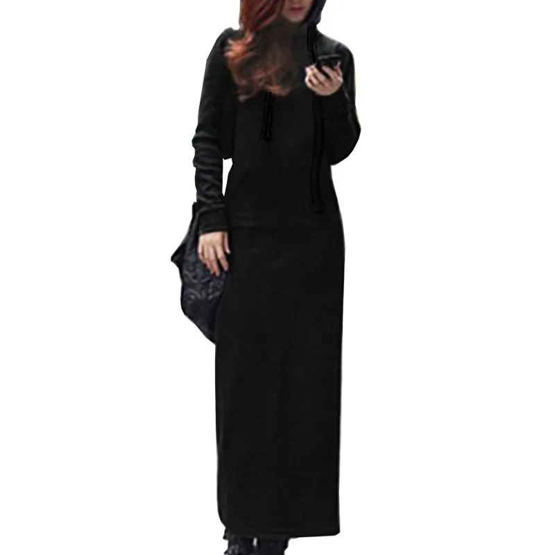 Женское повседневное длинное платье с длинным рукавом капюшоном и карманами |