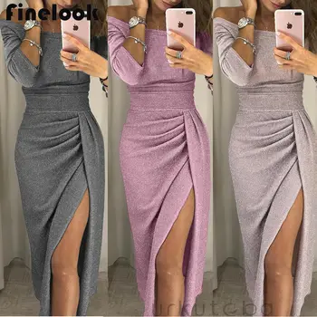

US Women Off Shoulder 3/4 Sleeve Bodycon Evening Cocktail Party Asymmetry Dress