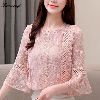 

Women White Lace Blouse 2019 New Spring SUMMER Korean Flower Print hollow out 3/4 Sleeve round neck Embroidered Shirt blusas