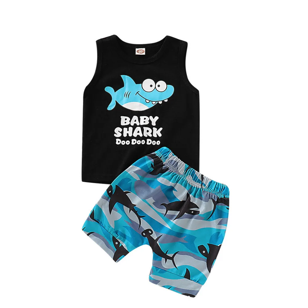 

2 PCS Infant Baby Boy Kid Cartoon Shark Letter Printed Vest Tops + Shorts Outfits Set Baby Clothes Roupa Menino Bodysuit