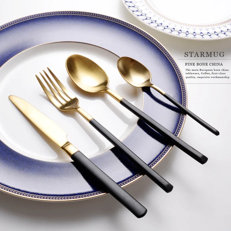 304 Stainless Steel Tableware Set Black Handel Mirror Gold Dinnerware Sets Knife Forks Cutleries European Western Food 304 Stainless Steel Tableware Set Black Handel Mirror Gold Dinnerware Sets Knife Forks Cutleries European Western Food