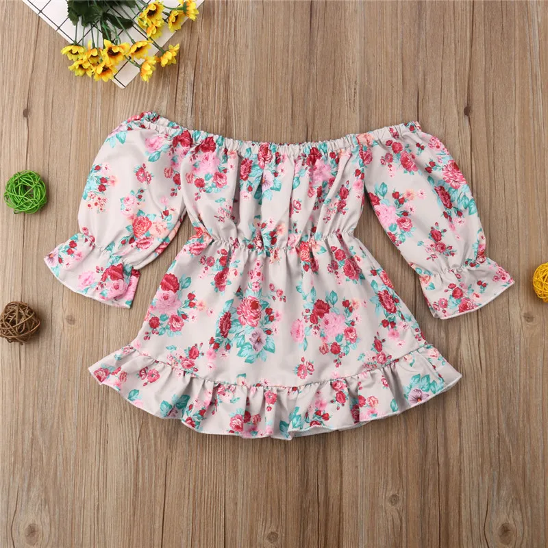 

Off Shoulder Flower Princess Party Autumn Long Sleeve Dresses Cotton Outfit Clothes Toddler Kids Children Baby Girl Dress