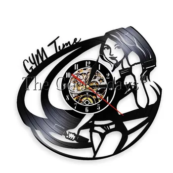 

1Piece GYM Time Gymnasium Logo LED Wall Sign Wall Art Sports Girl Fitness Wall Clock Motivation Quote Vinyl Music Record Clock