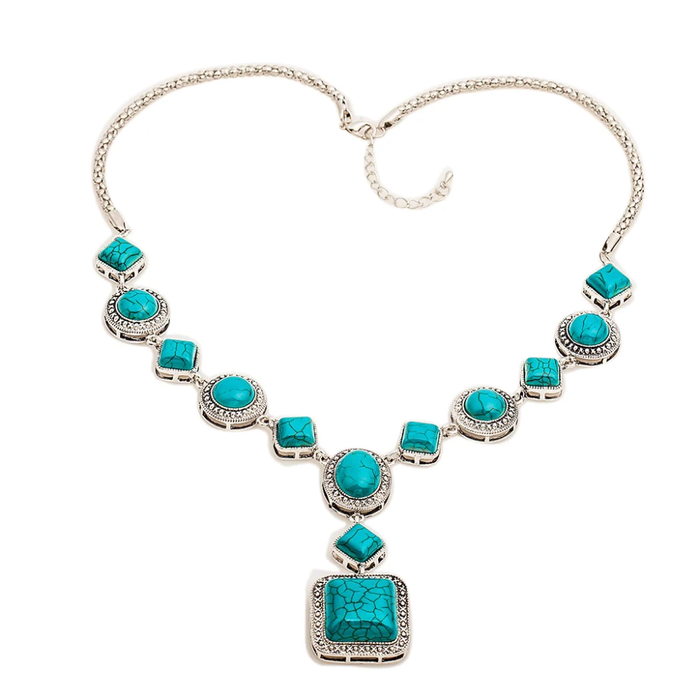 Мода бохо стиль зеленый камень ожерелье s Кулон серебряный воротник чокер массивное ожерелье женское бирюзовый кулон ожерелье