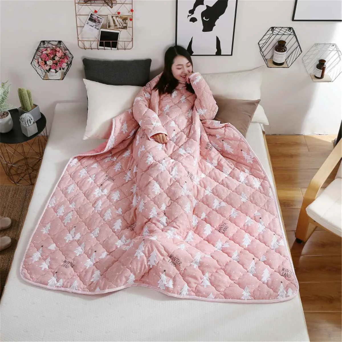 

Winter Lazy Quilt With Sleeves Printed Keep Warm Winter Duvet With Filling Blanket Cape Dormitory Mantle Home Bedding Comforter