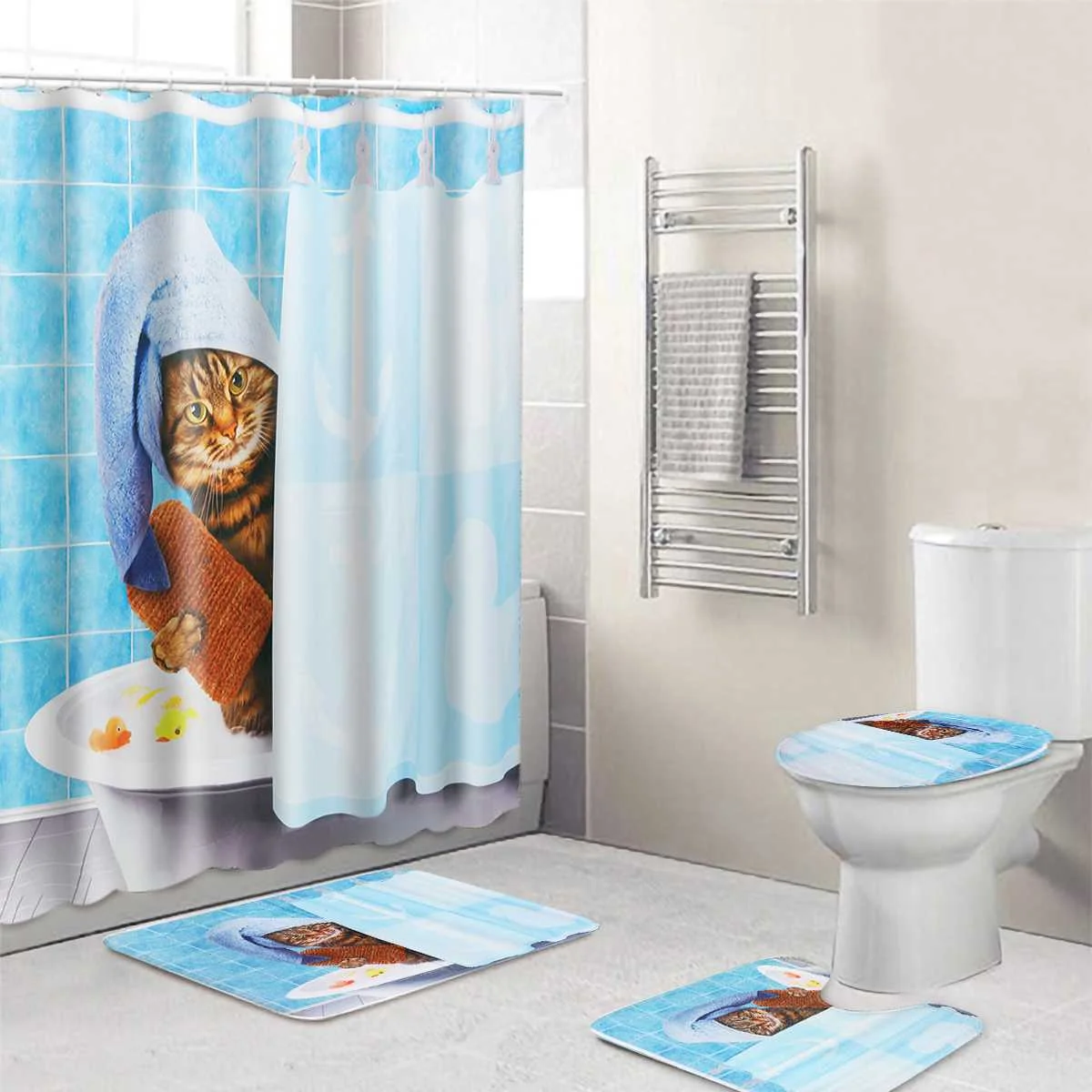 

Cute Cat Bathing Bathroom Polyester Shower Curtain Pedestal Rug Lid Toilet Cover Bath Mat Set Waterproof w/12 Hooks Bath Decor