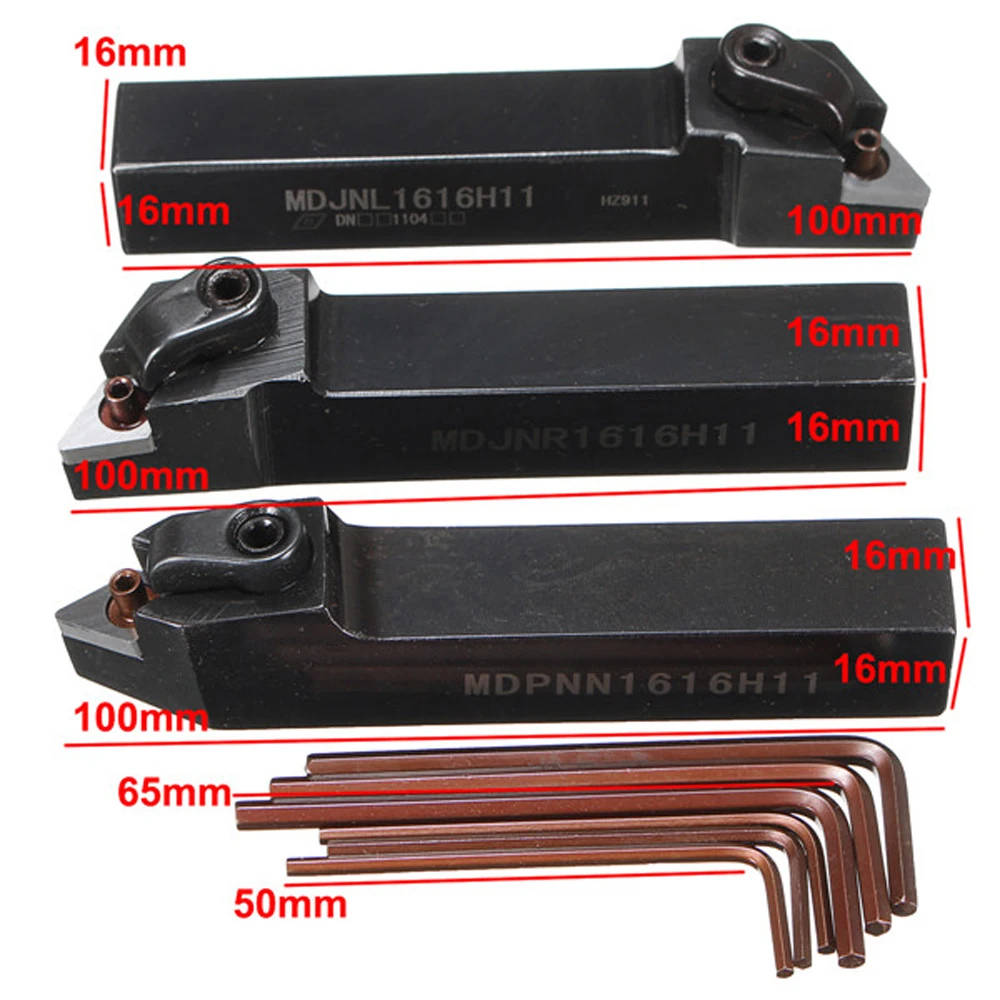 

3Pcs 16mm Turning Tool Holders MDJNL1616H11 MDPNN1616H11 MDJNR1616H11 Lathe Cutter Metal Turning Rod Industrial + 6Pcs Wrenches