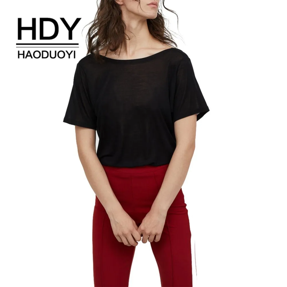 

HDY Haoduoyi 2019 New Pure Color Black Women Summer T-shirt Sexy Simplicity Style