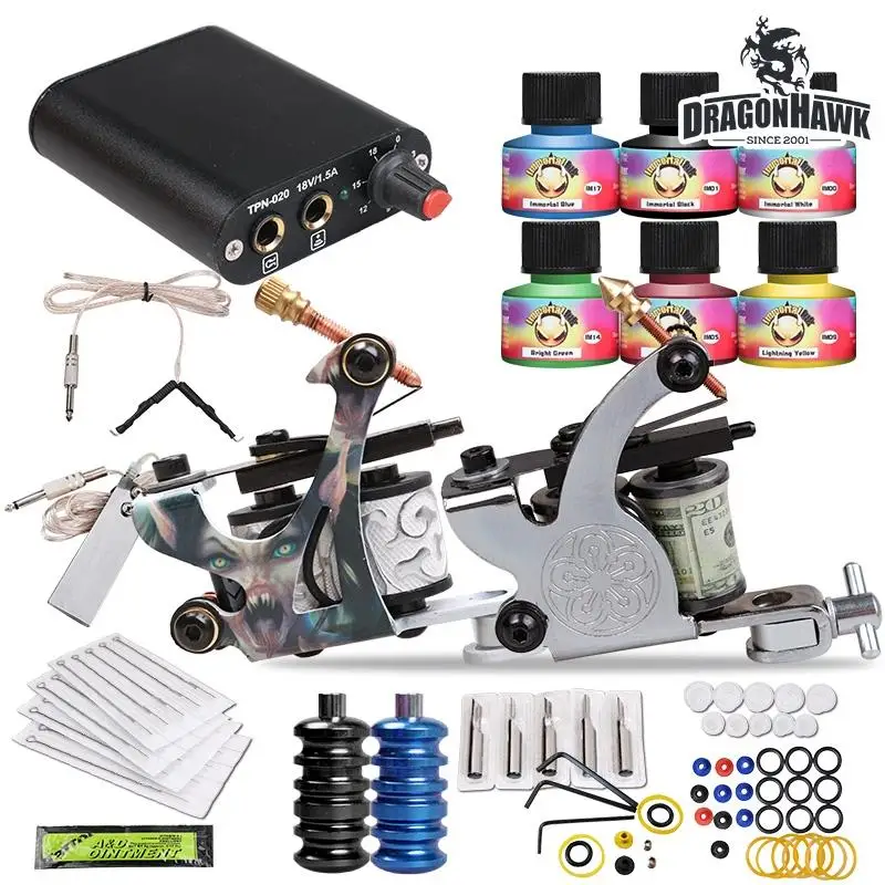 

Tattoo Kit 2 Machine Guns USA color inks Tip Power Supply Set 20 Needles HW-26GD