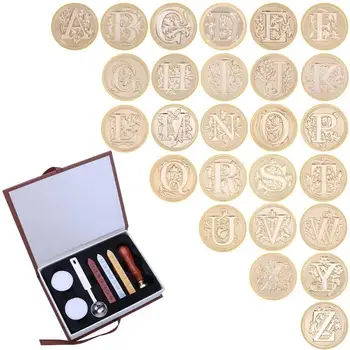 

26 Ancient English Alphabet Letter Metal Sealing Wax Stamps Sticks Candles Set Wood Handle Wedding Invitations Seal Stamps