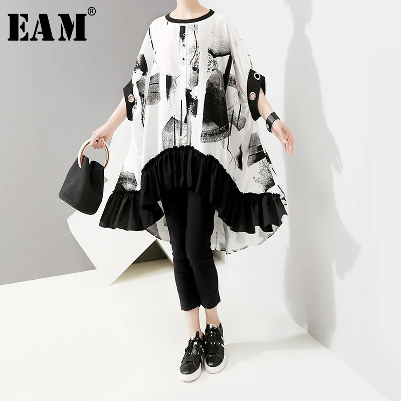 

[EAM] 2019 New Spring Summer Round Neck Three-quarter Sleeve Back Long Pattern Printed Big Size T-shirt Women Fashion JT512