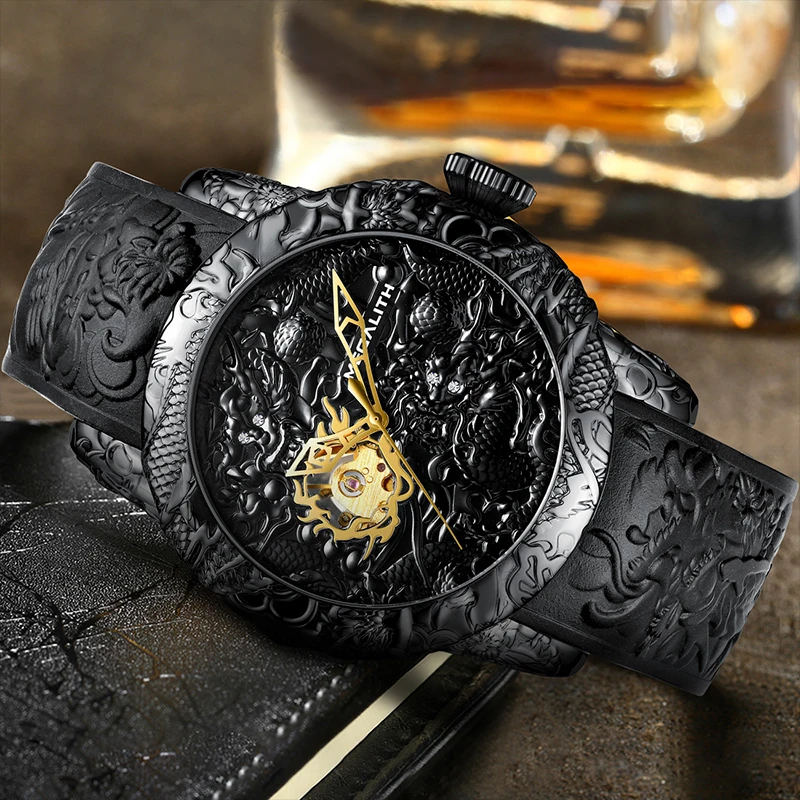 

MEGALITH Fashion Automatic Mechanical Men Watch Gold Dragon Sculpture Waterproof Silicone Strap Watch Wristwatch Jam Tangan Pria