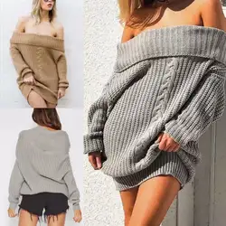 Модные женские туфли с открытыми плечами пикантные свободные Oversize Chic свитер длинным рукавом вязаная Верхняя одежда Пальто Топы