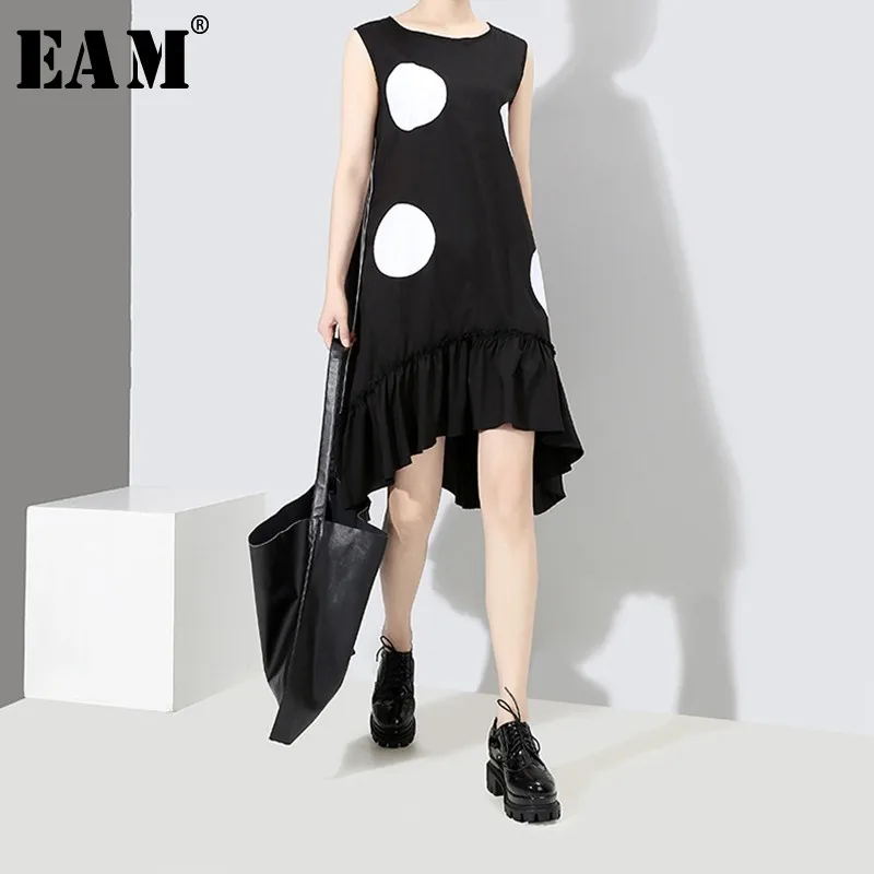 

[EAM] 2019 New Spring Summer Round Neck Sleeveless Black Dot Printed Irregular Ruffles Hem Big Size Dress Women Fashion JL960