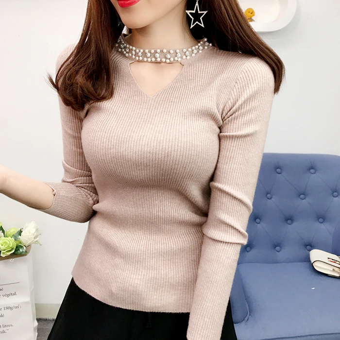 

2018 Fashion Ladies Beading Knitted Sweater Slim Stretch O-neck Thin Pullovers Women Urban Solid Basic Sweater Tops