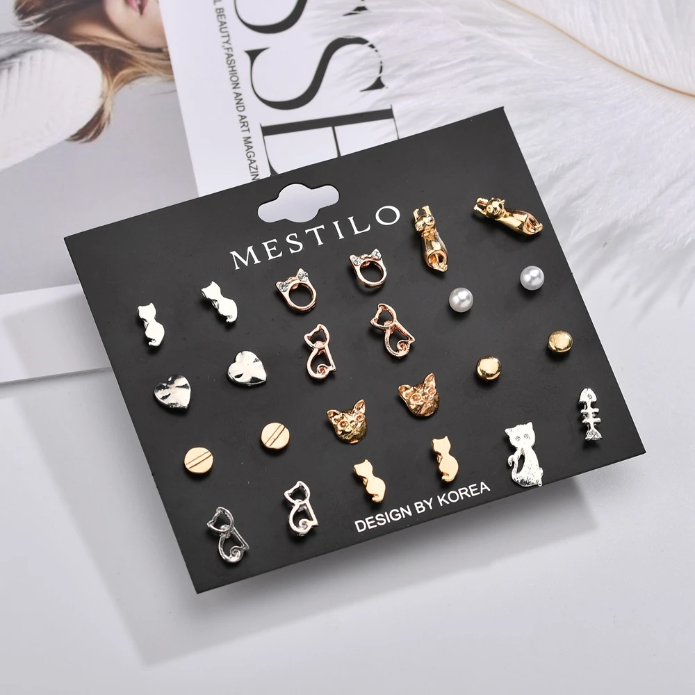 

2019 New Exclusive 12 Pairs/set Love Heart Simulated Pearls Lovely Cat Stud Earring Sets For Women Girl Mini Animals Oorbellen