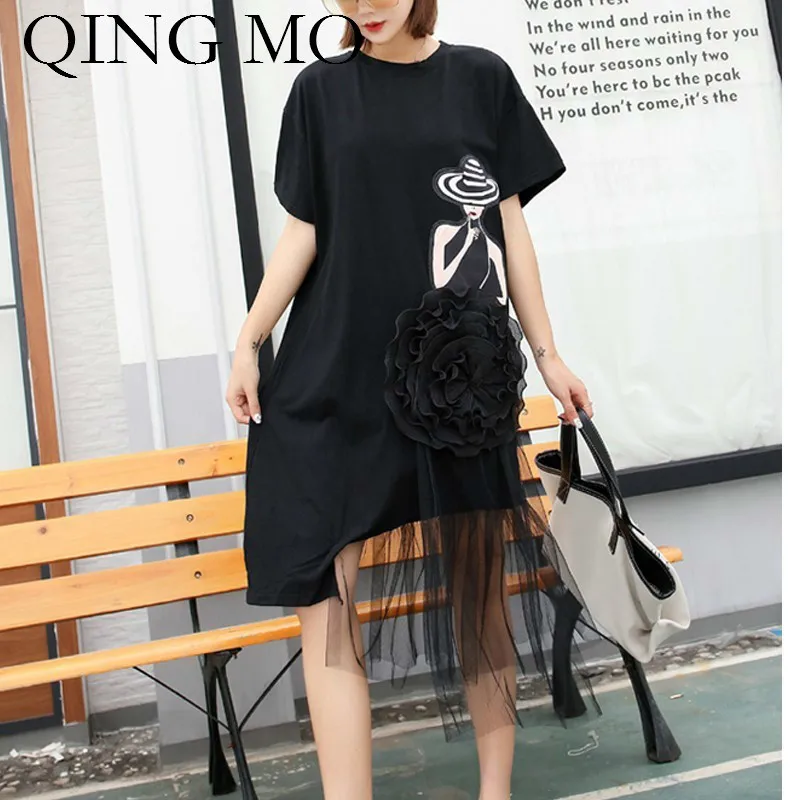 

QING MO Women Black Irregular Summer Dress Women Mesh Patchwork Mid-Calf Dress Women O Neck Short Sleeve Dress ZQY211