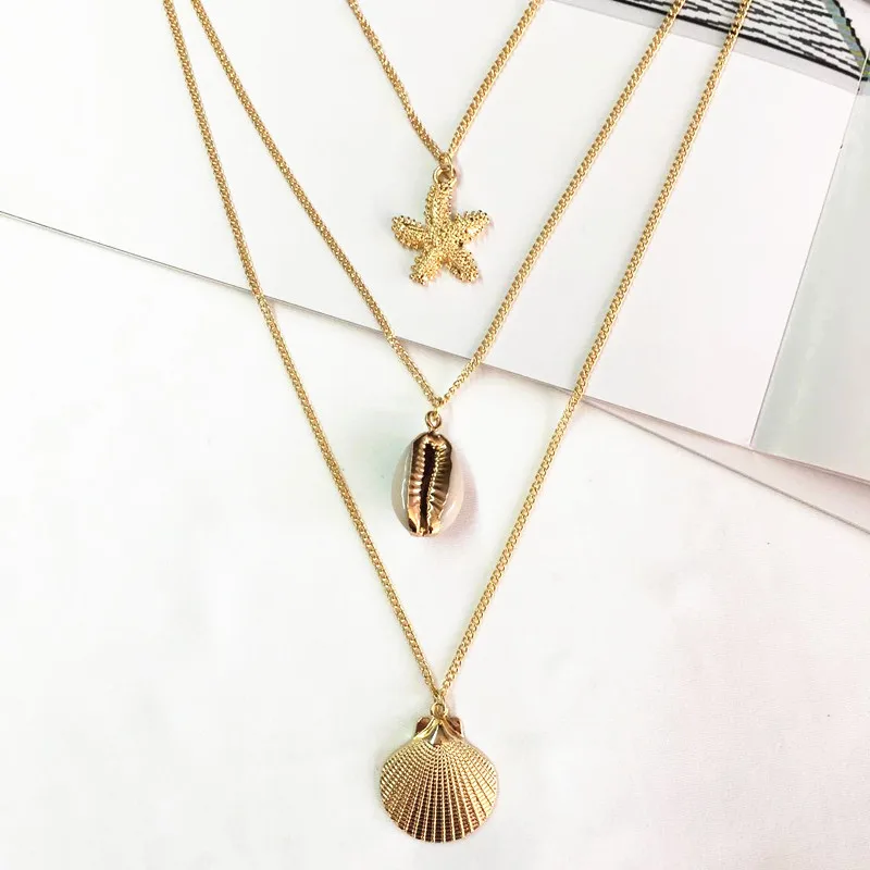 

New Exaggerated Cowrie Shell Conch Starfish Pendant Necklace Women Gold Color Layered Chain Choker Necklace Statement Collier