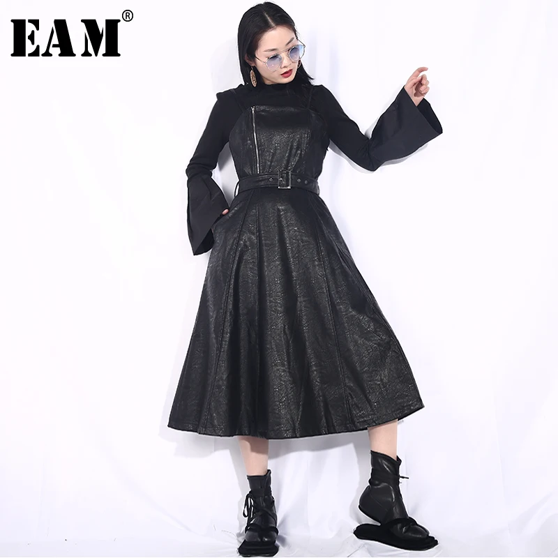 

[EAM] 2019 New Spring Summer Strapless Spaghetti Strap Black Pu Leather Waist Belt Loose Big Hemline Dress Women Fashion JD03