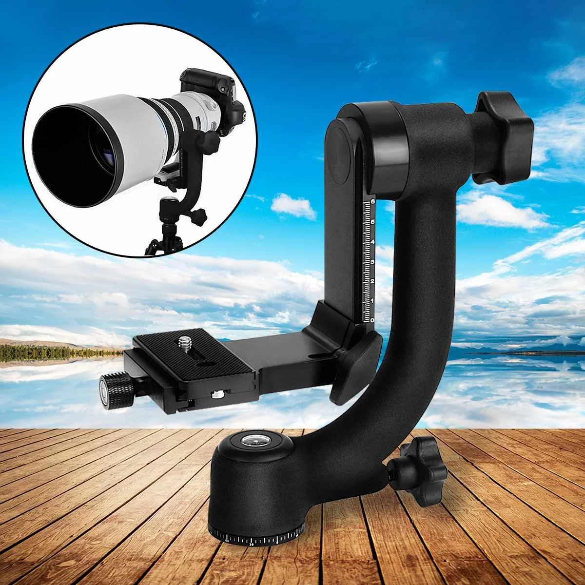 

360 Degree-Swivel Panoramic Gimbal Tripod Ball Head Aluminium Alloy Black For Camera Telephoto Lens 210x75x210mm Load 18kg
