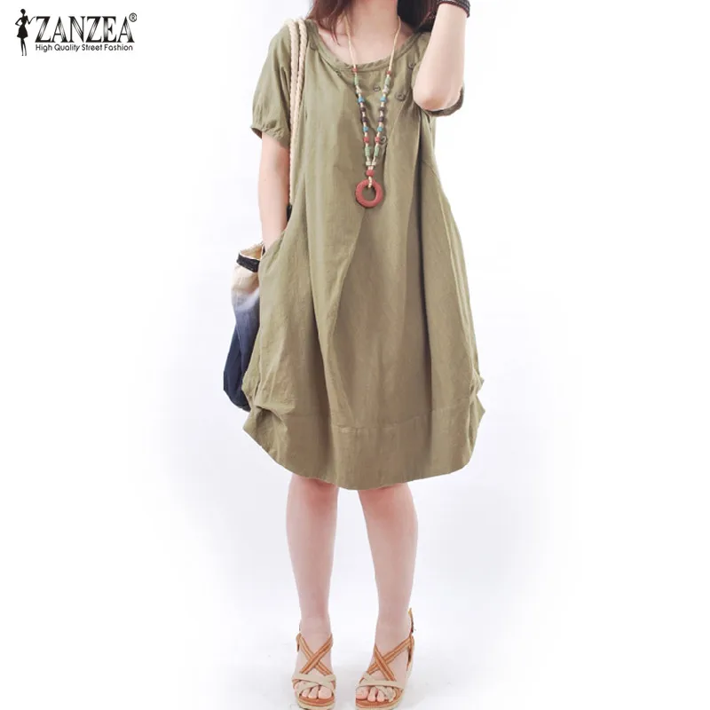 

ZANZEA Women Vintage Linen Dress 2019 Summer Female O-neck Short Sleeve Casual Loose Shirt Sundress Buttons Plus Size Vestidos